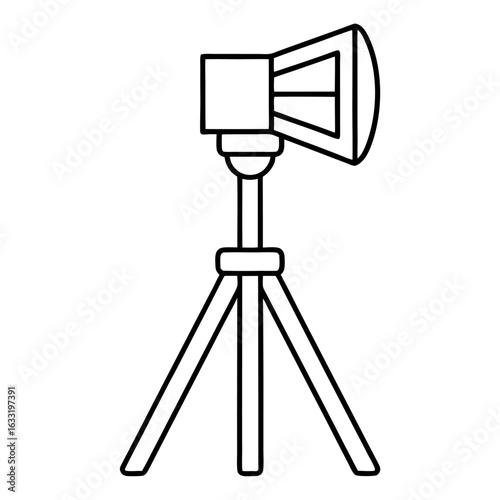 Professional illustration of a portable floodlight mounted on an adjustable tripod stand for various lighting needs