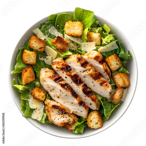 Grilled chicken caesar salad with croutons and parmesan isolated on transparent background
