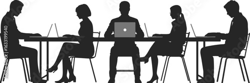 Silhouette of office workers sitting at desk, using laptops, working in team, business collaboration, corporate teamwork, meeting room environment