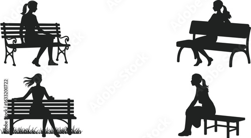 Silhouette of women sitting on benches in different poses, outdoor park setting, casual female figure collection isolated on white background