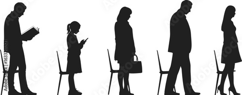 Silhouette of diverse people standing near chairs, using phone, reading book, waiting, sitting posture, business queue, indoor line concept