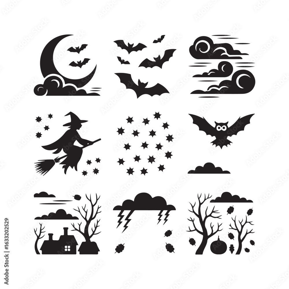 Naklejka premium Halloween Silhouette Icons Set Witch Bats Moon Stars Clouds House Trees Weather and Pumpkin Vector Design