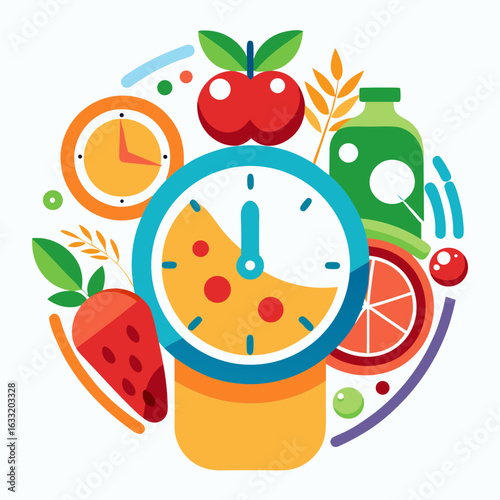 Stylized Vector of Clock with Food Items Symbolizing Food Waste Awareness