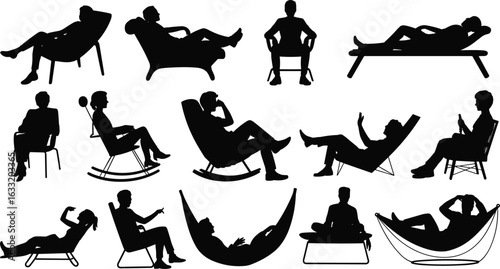 Silhouettes of people relaxing in chairs, hammocks, and loungers, leisure poses, comfort lifestyle, sitting positions, modern indoor relaxation
