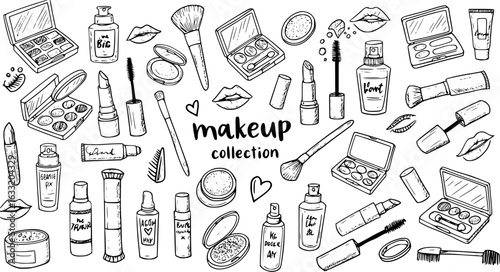 Hand-drawn collection of diverse makeup products and beauty tools, including eyeshadow palettes, lipsticks, brushes, mascara, and powders in a sketch art style.