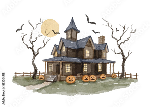 Watercolor halloween haunted house isolated 
