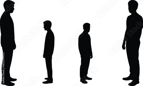 Silhouette of tall and short men standing opposite each other, height difference concept, comparison, growth, diversity, isolated on white background