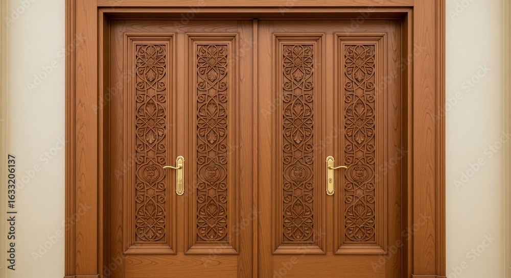 Ornate, double wooden doors with intricate carvings, showcasing fine craftsmanship.