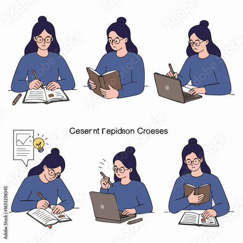 Young woman studying with books and laptop, illustrating various stages of learning, from focused writing and reading to brainstorming ideas and facing challenges.