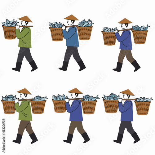 Traditional Asian Fishermen Carrying Baskets of Freshly Caught Fish on Shoulder Poles, Cartoon Illustration
