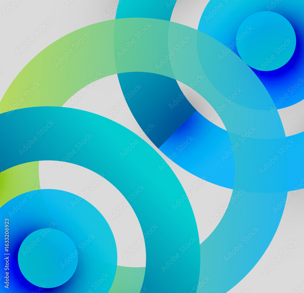 Obraz premium Abstract composition. Overlapping circles create dynamic visual effect. Colors range from blue, green, white. Modern design elements present.