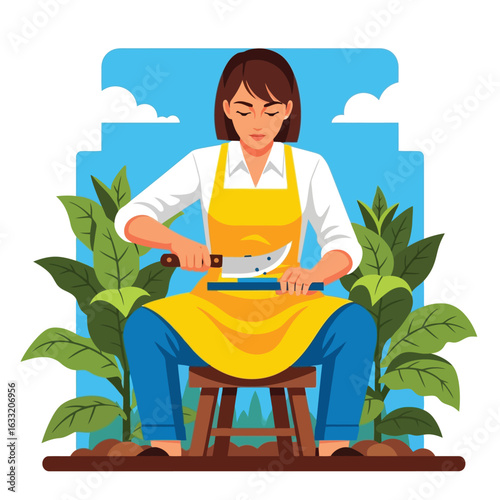Woman Sharpening Knife with Whetstone in Garden Setting for Food Preparation