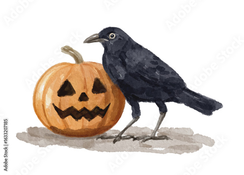 Hand painted watercolor crow and pumpkin isolated
