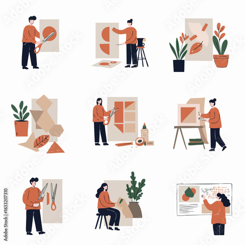 Illustrations of Creative People Crafting Abstract Art: Collage, Painting, and Design Activities