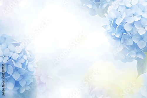 Soft focus blue hydrangea blooms framing a bright white copy space for text