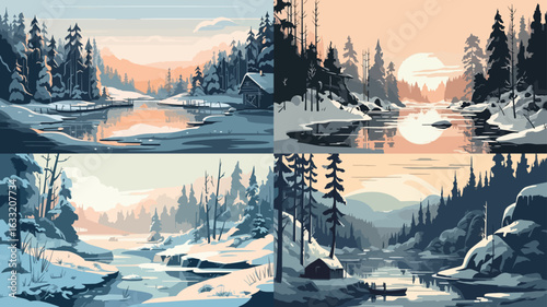 Four artistic illustrations of snowy winter landscapes featuring a frozen river, trees, and cabins.  Each scene displays a different time of day.