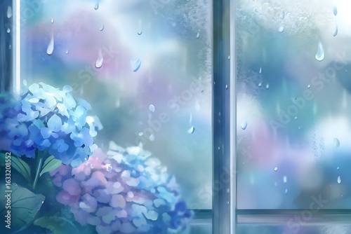 Gentle raindrops on a windowpane with softly focused blue hydrangeas and pastel hues