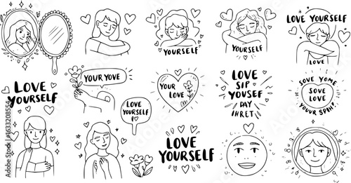 Hand-drawn outline illustrations of self-love and self-care, featuring women embracing themselves, looking in mirrors, and positive affirmations about loving yourself and inner peace.