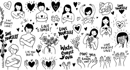 Black and white line art doodles promoting self-love, self-care, and positive well-being with diverse figures, hearts, and heartfelt affirmations.