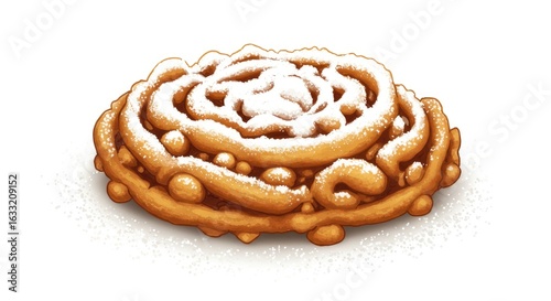 Delicious, Freshly Made Funnel Cake with Powdered Sugar, Isolated on White