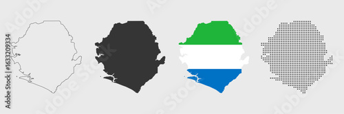 Sierra Leone map detailed in outline, grey, flag color, and dotted style