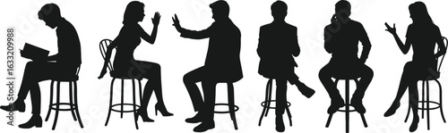 Silhouettes of six people sitting on chairs, communication, gestures, debate, discussion, disagreement, reading, silence, body language, expression, business
