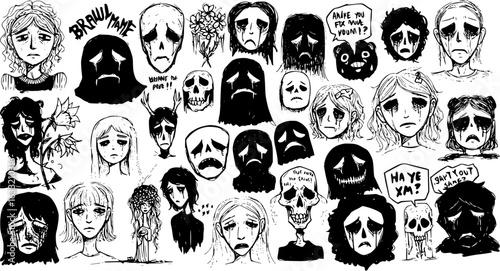 A collection of monochromatic hand-drawn illustrations depicting various sad, crying, and despairing faces, including human figures, skulls, and ghostly forms, conveying sorrow and melancholy.