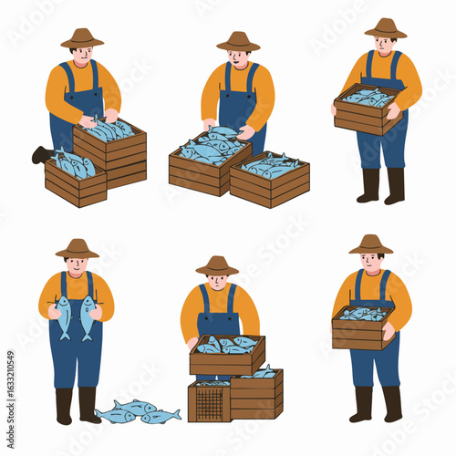 Fisherman handling fresh fish in various poses, sorting into and carrying wooden crates, illustrating the catch and distribution process.