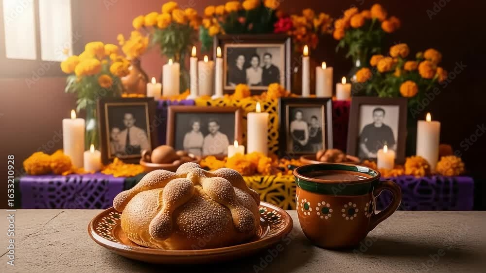 Stockvideon Dia de los Muertos Ofrenda: Traditional Altar with Pan de ...
