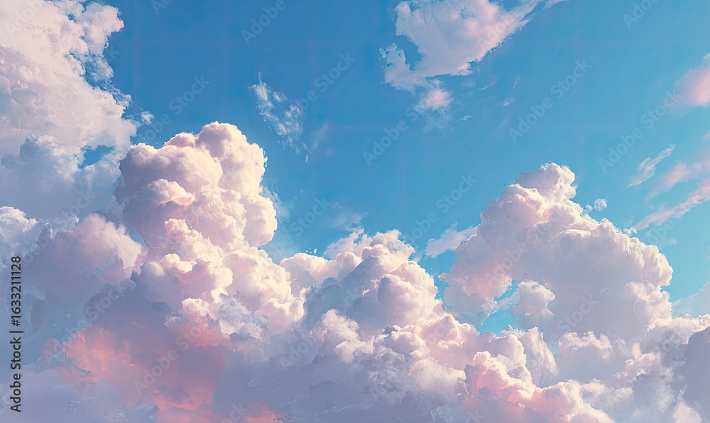 Naklejka premium Pastel cloudscape, soft hues of pink and white cumulus clouds against a vibrant blue sky
