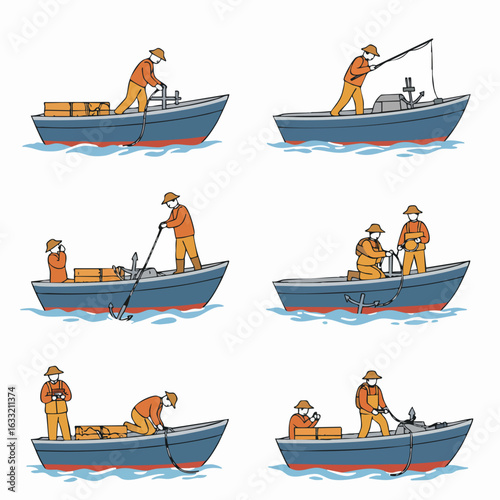 Illustrations of fishermen on boats, engaged in marine activities like anchoring, fishing, and managing gear on the open water.