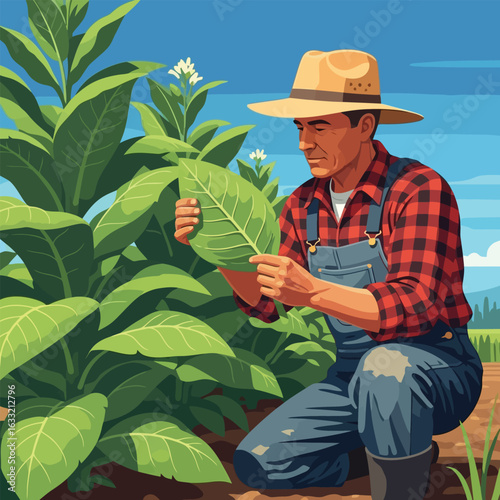 Farmer Inspecting Crop Plants in Field with Red Plaid Shirt