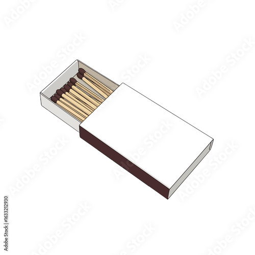 Open matchbox with wooden matches inside, white box with dark brown flap.
