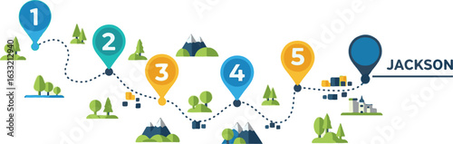 Infographic template of a journey roadmap with five numbered steps. Vector illustration of a timeline path leading to a final destination.