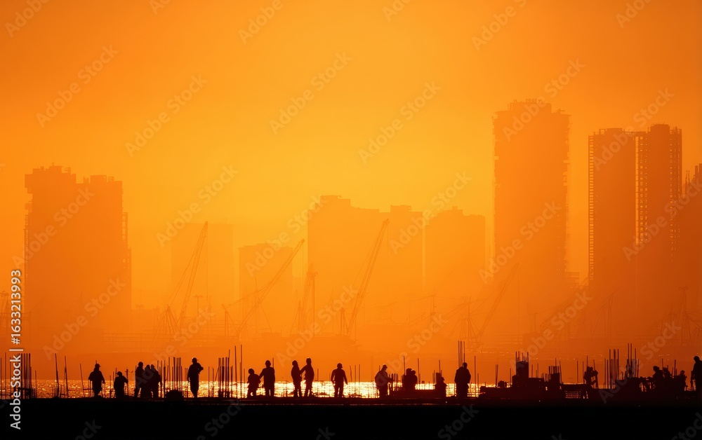 Fototapeta premium Silhouettes of construction workers building new skyscrapers at sunset with cranes and buildings in the background