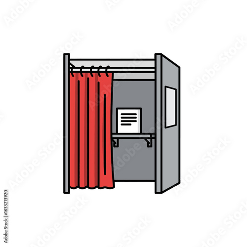 A simple, outlined illustration of a voting booth with red curtains.