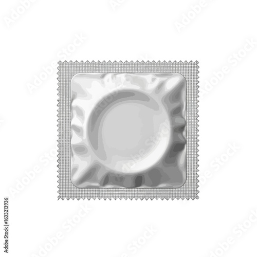 A sealed, silver-colored condom packet, square-shaped, isolated on a white background.
