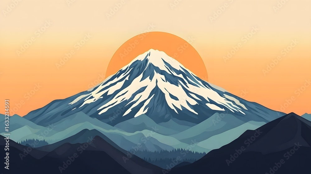 Fototapeta premium Snowy mountain peak at sunrise.