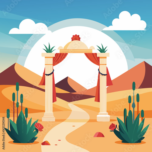 Desert wedding arch with floral decorations isolated on white background