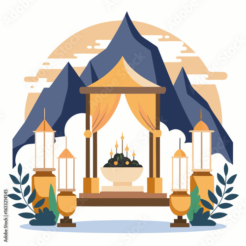 Traditional asian pavilion with mountains and lanterns isolated on white background