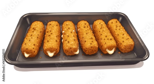Golden Fried Mozzarella Sticks on Baking Tray, Melting Cheese, Cartoon Style