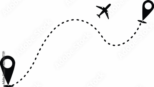 Airplane flying along a dotted line between two location markers on a map