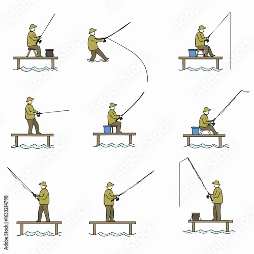 Illustrations of Fishermen Engaged in Various Angling Activities on a Pier and Wading in Water, Simple Line Art Style.