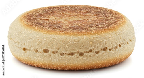 Golden-Crusted English Muffin: Detailed Texture and Crispy Perfection on White Background