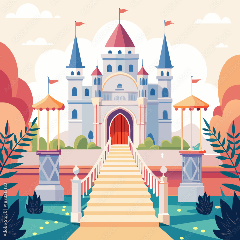 Fototapeta premium Fairytale castle with grand entrance and gardens isolated on white background