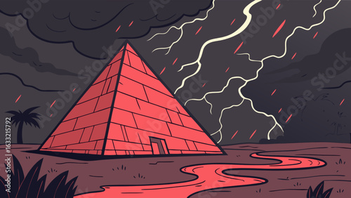 Egyptian pyramid landscape illustration with storm and lightning vector art design graphic for print
