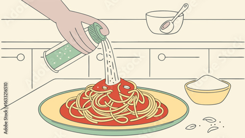 Delicious spaghetti with tomato sauce and parmesan cheese being sprinkled on top in a kitchen scene