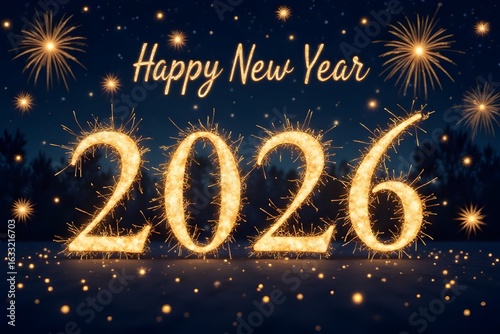 Happy New Year 2026. Beautiful creative holiday web banner or flyer with Golden firework and sparkling number 2026 on night blue sky background