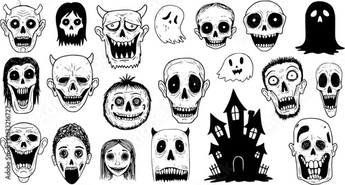 Detailed Black and White Halloween Monsters and Skulls Line Art Collection, featuring Spooky Zombies, Ghosts, and a Haunted House Silhouette