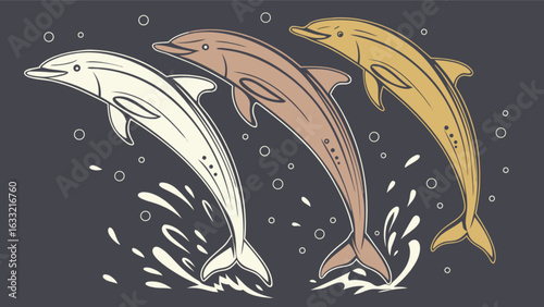 Three dolphins jumping out of the water illustration vector art drawing marine life ocean animals aquatic mammal sea creatures